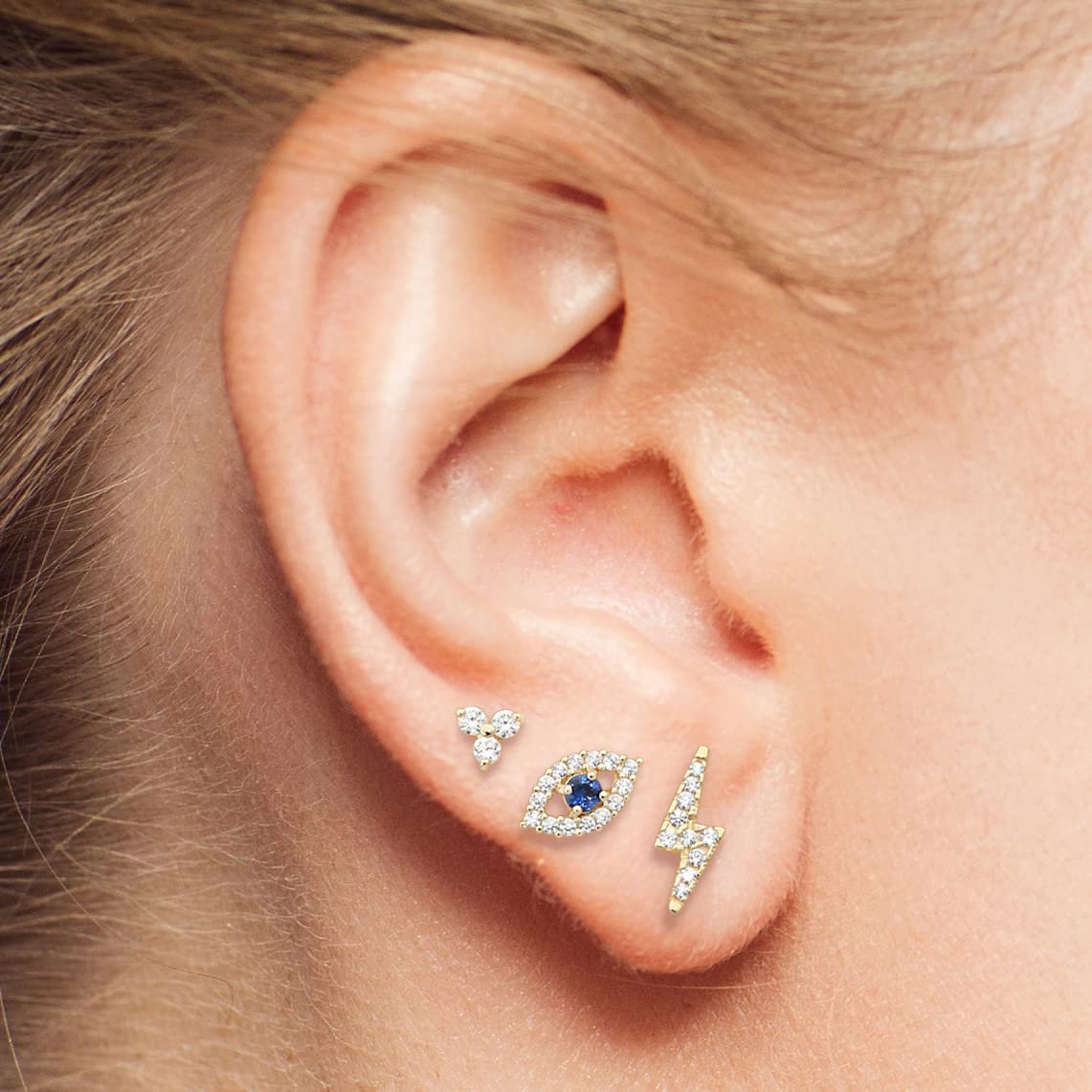 Solid 14k Gold Evil Eye Dainty Stud Earrings with Sparkling Cubic