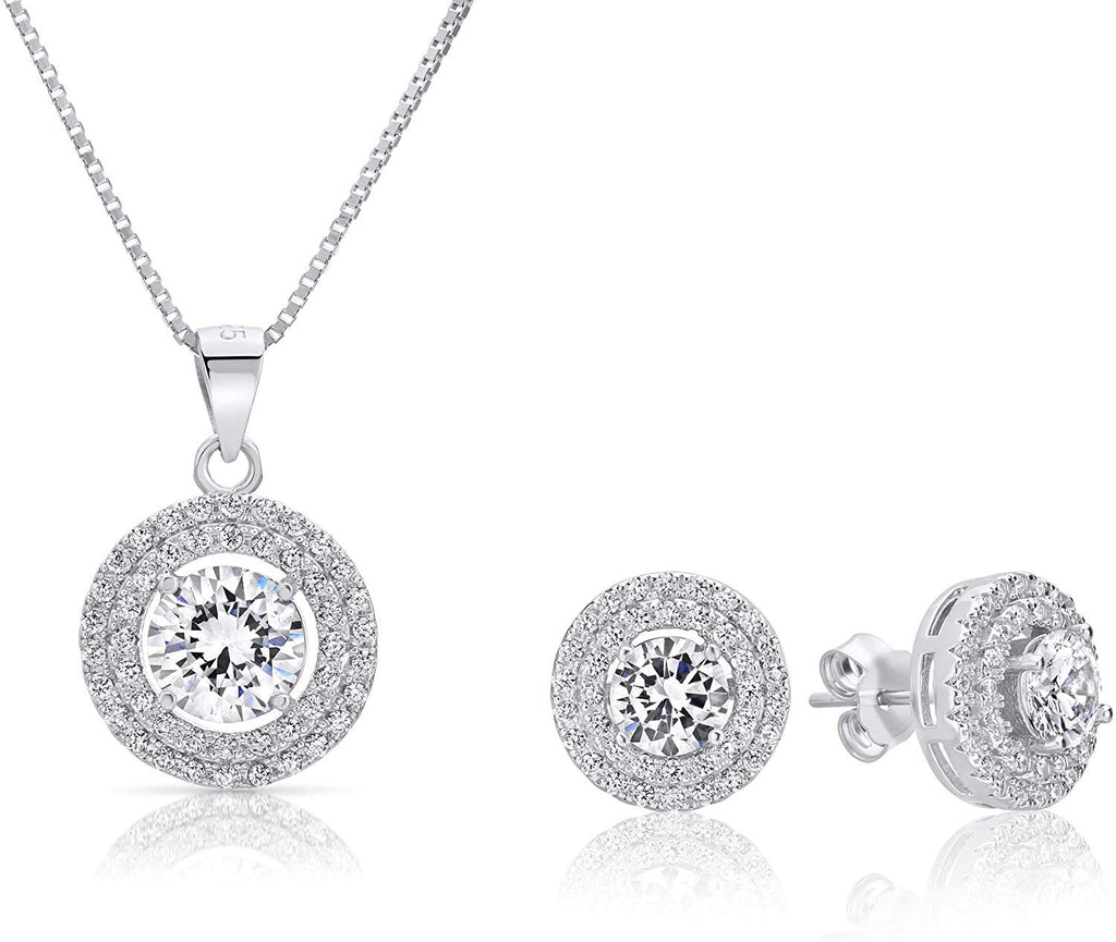 Sterling Silver Cubic Zirconia Double Halo Pendant Necklace and Stud Earrings Jewelry Set