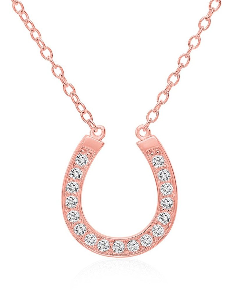 Sterling Silver Rose-Tone Horseshoe Pendant Necklace with Cubic Zirconia CZ, 18"
