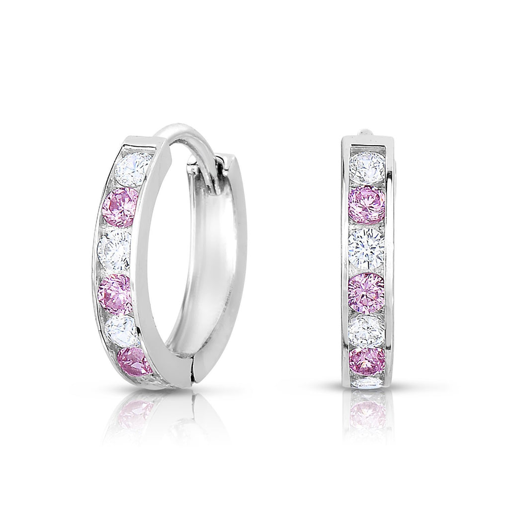 Sterling Silver Huggie Hoop Earring with Simulated Pink Tourmaline and White Cubic Zirconia Size 1/2"