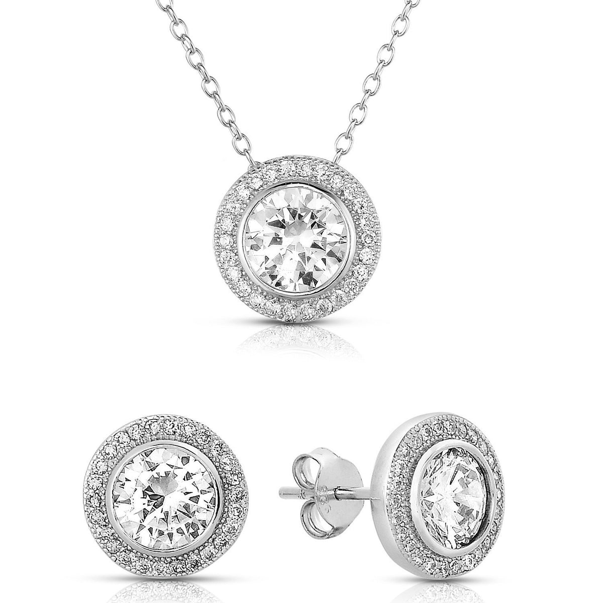 Sterling Silver Cubic Zirconia Round Halo Earrings and Pendant