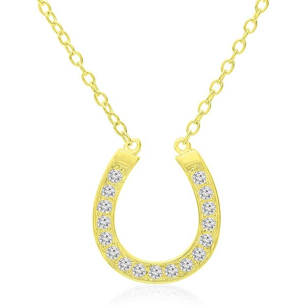 Sterling Silver Lucky Horseshoe Pendant Necklace with Cubic Zirconia, 18" Gold-Tone