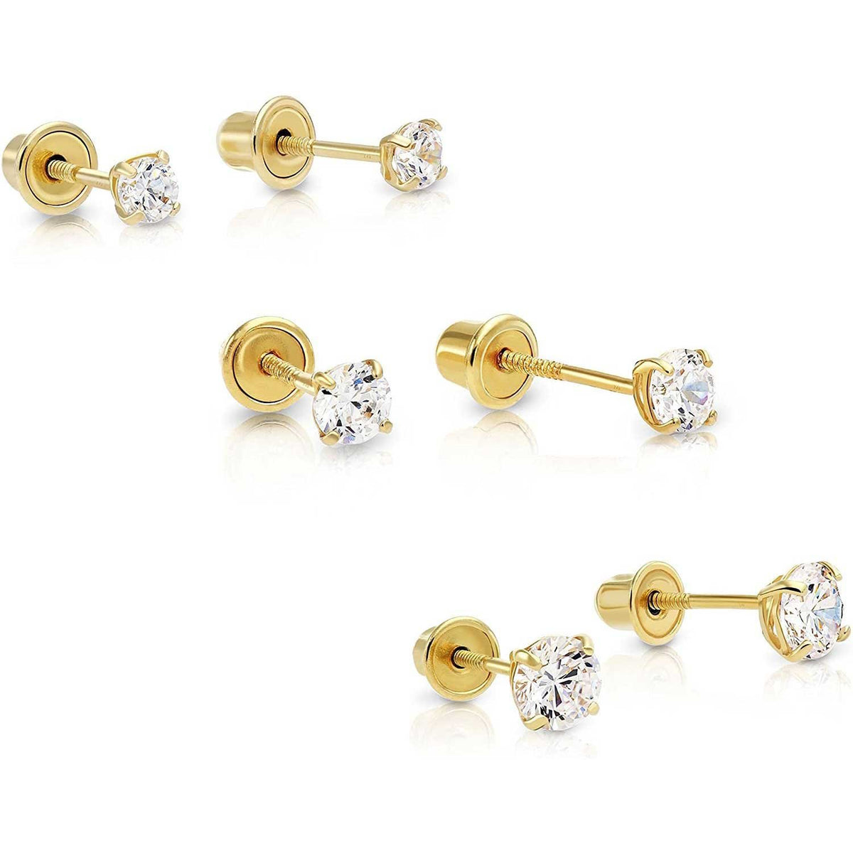 3mm Cubic Zirconia Solitaire Stud Piercing Earrings in 14K Solid Gold -  Short Post