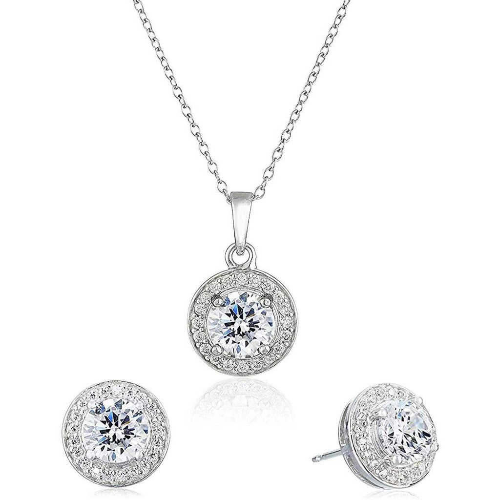 Sterling Silver Cubic Zirconia CZ Halo Pendant Necklace and Stud Earrings Jewelry Set