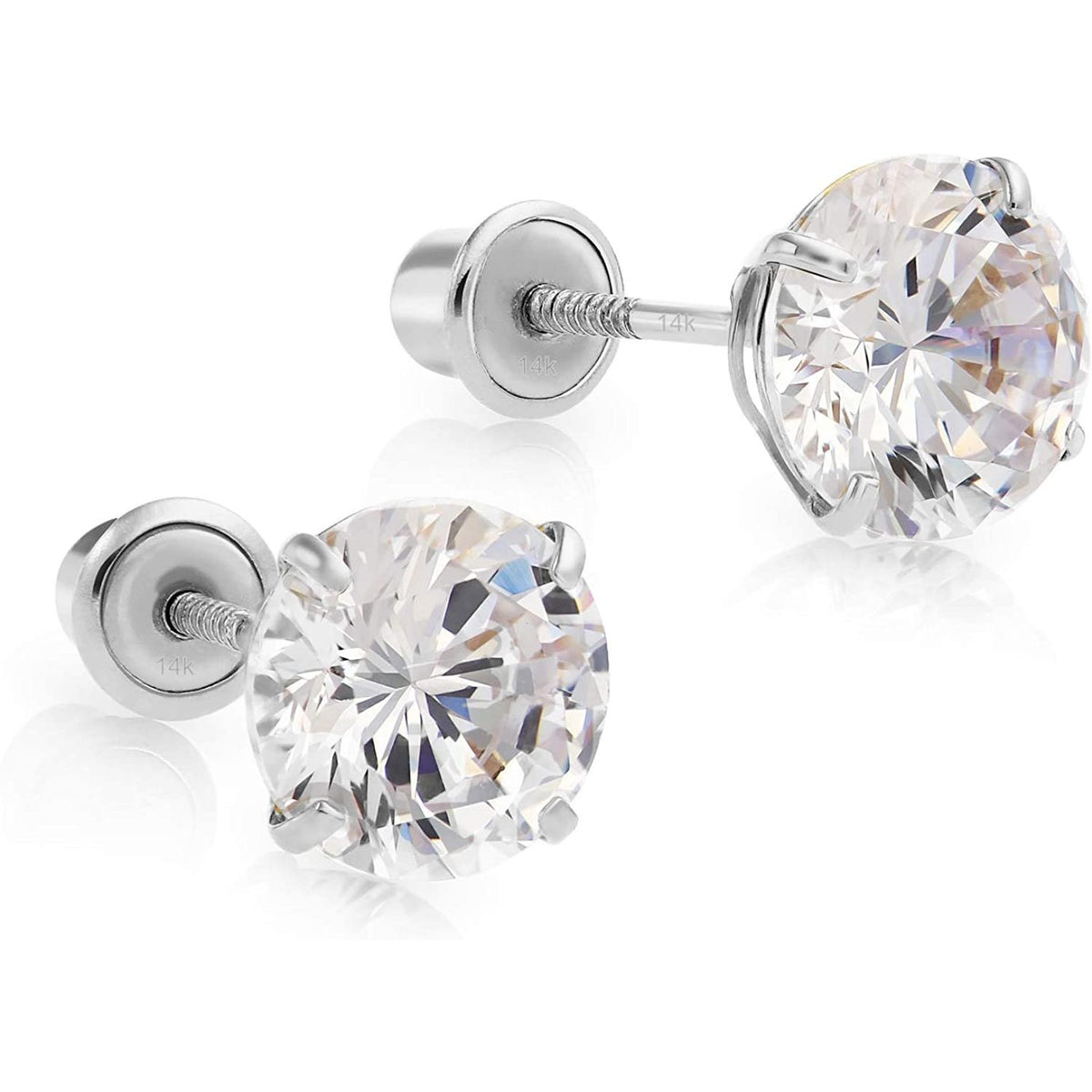 14k White Gold Made with SWAROVSKI Cubic Zirconia Solitaire Stud Earrings  with Secure Screw-backs