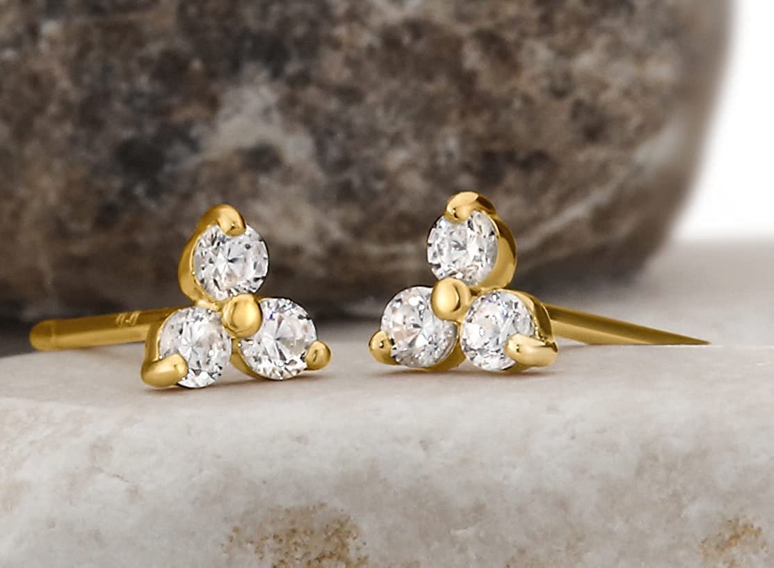 14K Tiny Flower Solitaire Cubic Zirconia Stud Earrings. 14K Yellow Solid Gold. White Cubic Zirconia. Butterfly newest 14K gold clasps.