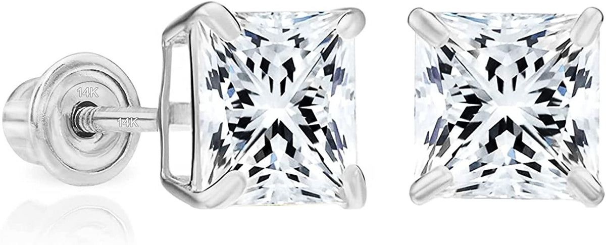 Solid 14k White Gold Solitaire Square Princess-cut CZ Stud Earrings with Secure Screw-backs