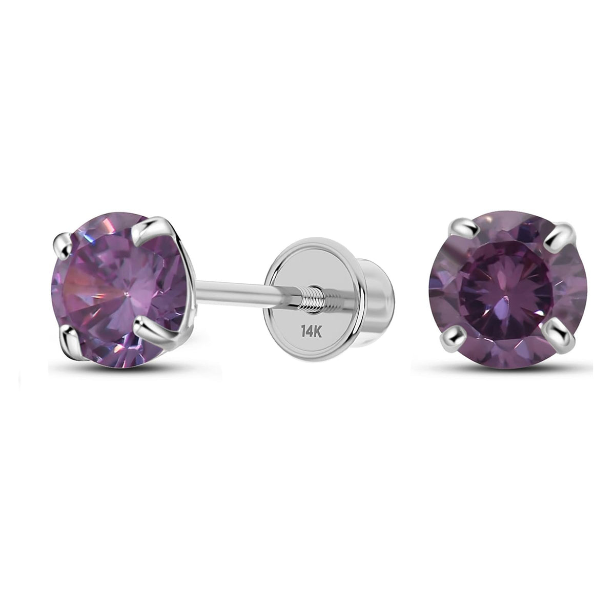 Solid 14K White Gold Round Solitaire Simulated-Amethyst-Birthstone Minimalist Stud Earring with Comfort Screw Backing