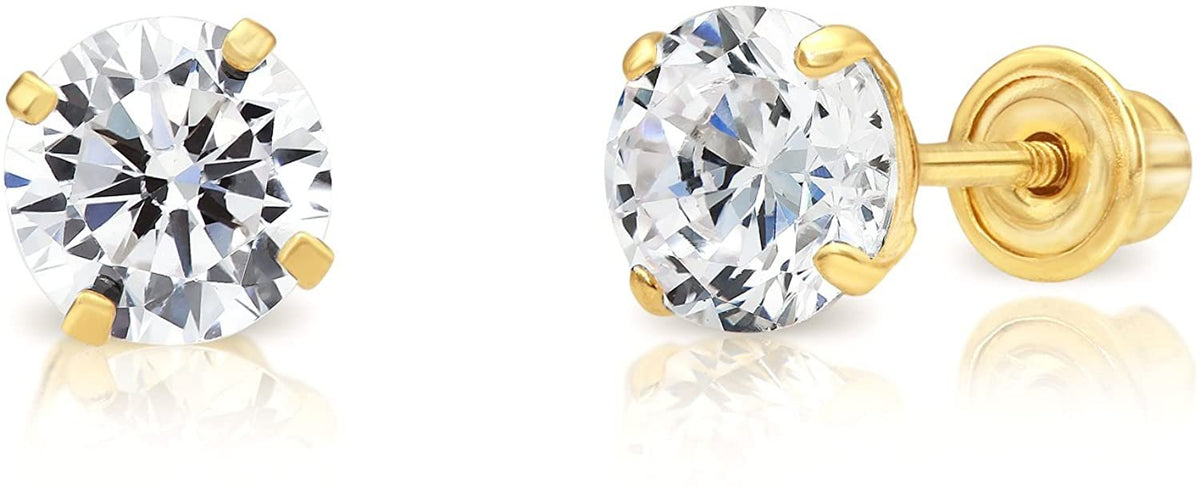 14k Yellow Gold Cubic Zirconia Stud Earrings with Screw Backs