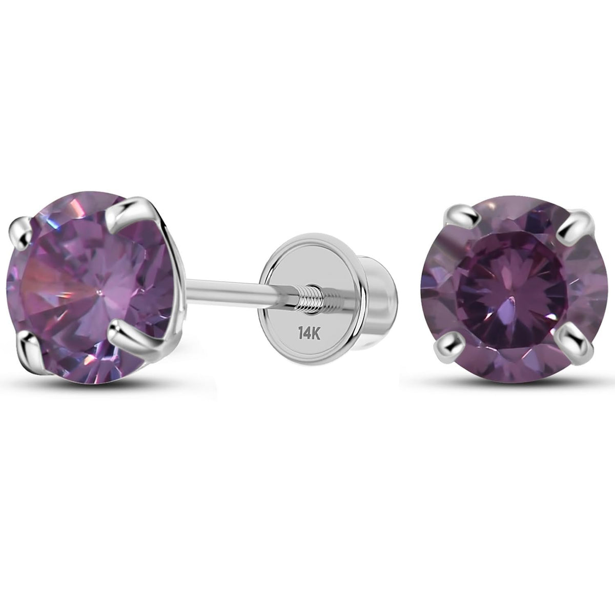 Solid 14K White Gold Round Solitaire Simulated-Amethyst-Birthstone Minimalist Stud Earring with Comfort Screw Backing