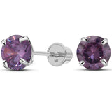 Solid 14K White Gold Round Solitaire Simulated-Amethyst-Birthstone Minimalist Stud Earring with Comfort Screw Backing
