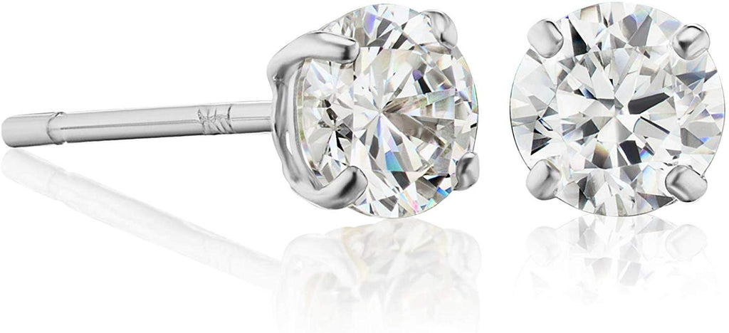 14k Solid White Gold Solitaire Round Stud Earrings Made with Genuine Swarovski Zirconia