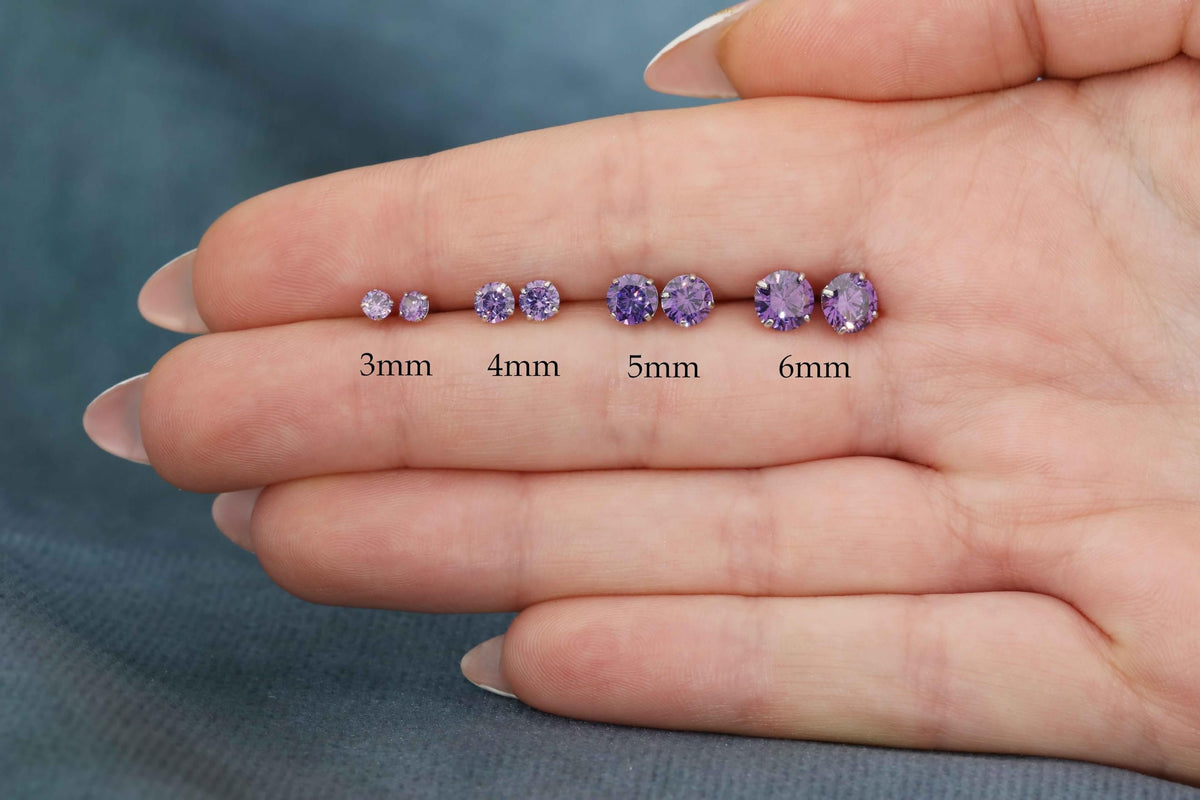 Solid 14K White Gold Round Solitaire Simulated-Amethyst-Birthstone Minimalist Stud Earring with Comfort Screw Backing