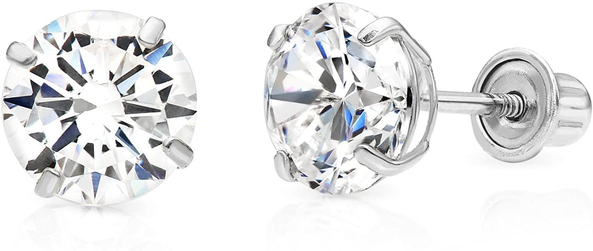 14k White Gold Cubic Zirconia Stud Earrings with Screw Backs