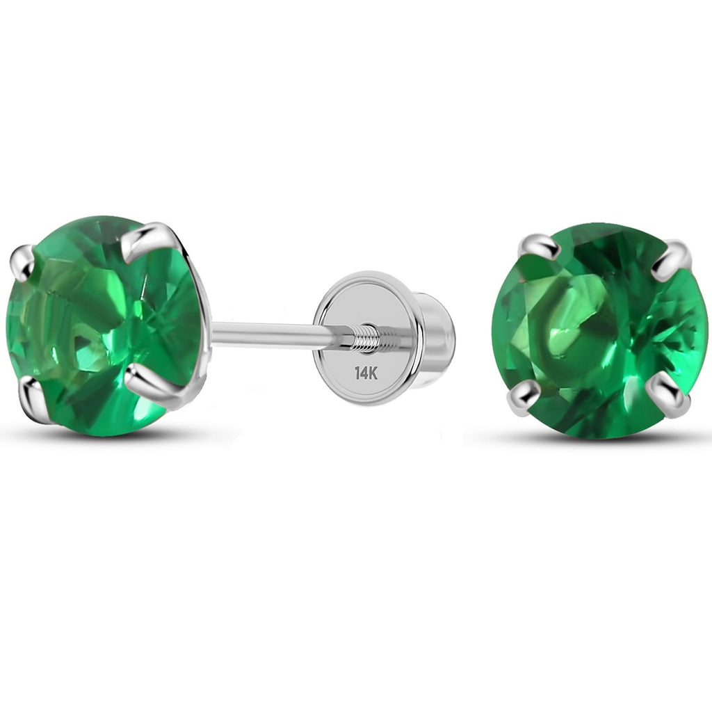 Solid 14K White Gold Round Solitaire Simulated-Emerald-Birthstone Minimalist Stud Earring with Comfort Screw Backing