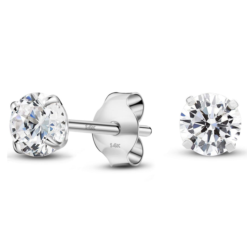 04-April Solid 14K White Gold Round Solitaire April Simulated Clear CZ Birthstone Minimalist Stud Earring