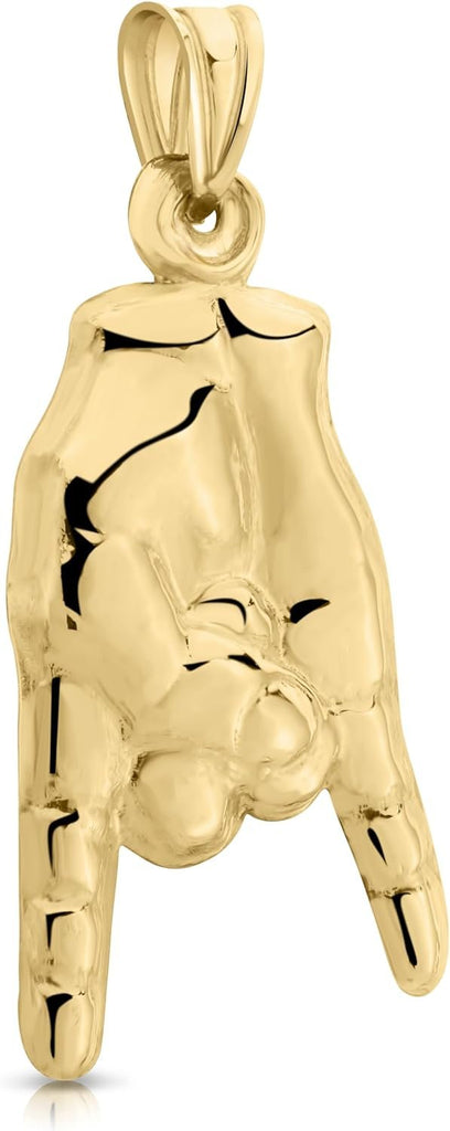 Real 14K Yellow Gold Rock and Roll Rock On Hand Symbol Pendant