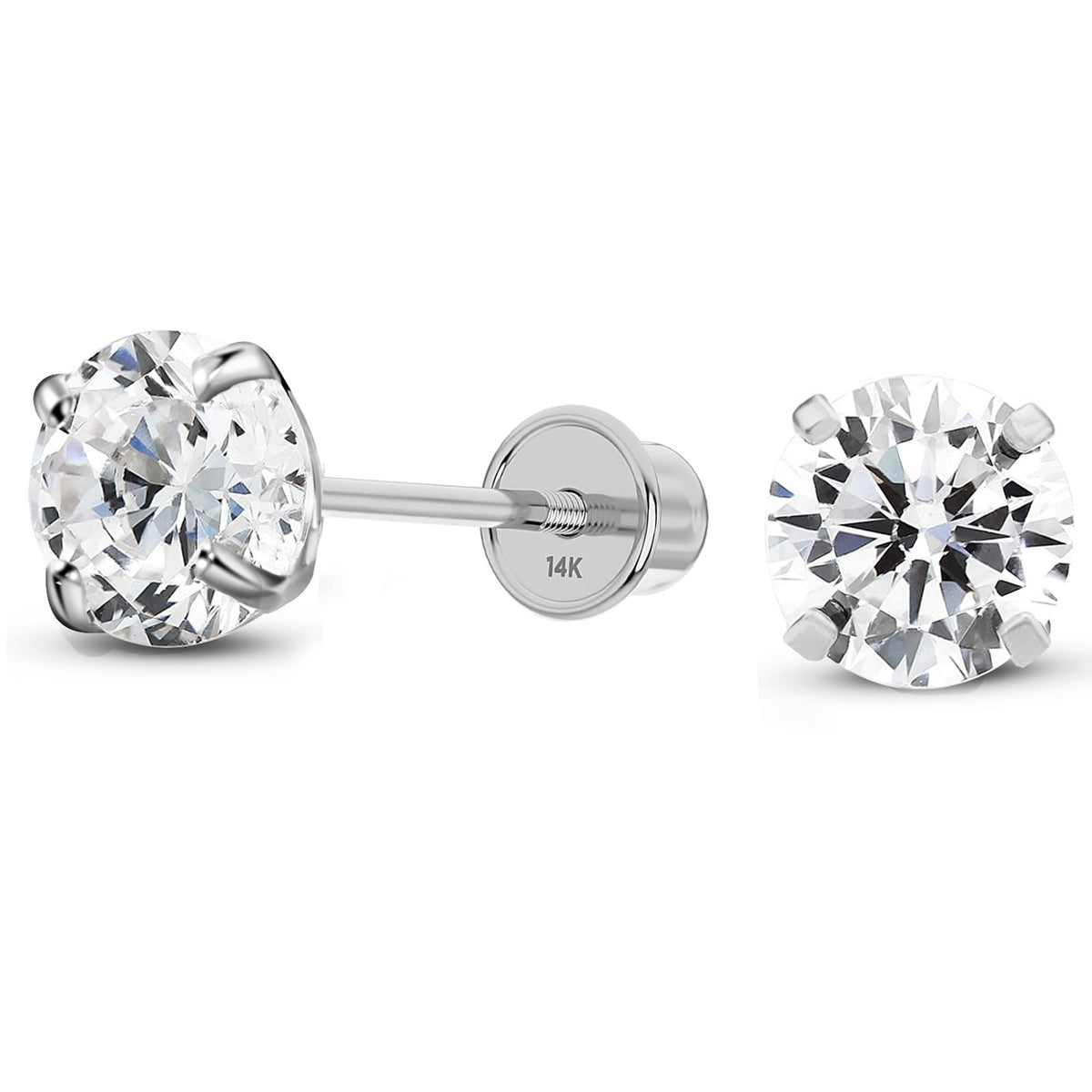 Solid 14K White Gold Round Solitaire Simulated-Clear CZ-Birthstone Minimalist Stud Earring with Comfort Screw Backing