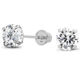 Solid 14K White Gold Round Solitaire Simulated-Clear CZ-Birthstone Minimalist Stud Earring with Comfort Screw Backing