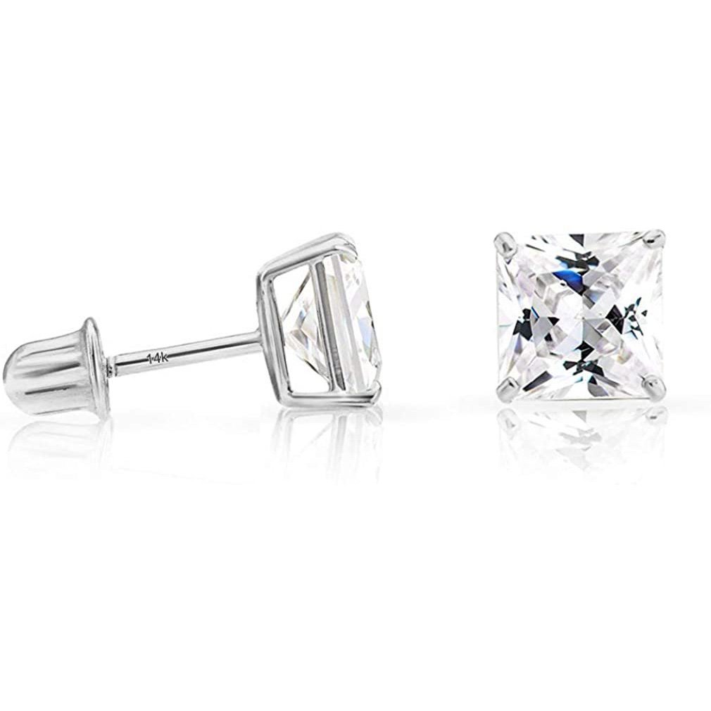 Solid 14k White Gold Solitaire Square Princess-cut CZ Stud Earrings with Secure Screw-backs