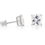 Solid 14k White Gold Solitaire Square Princess-cut CZ Stud Earrings with Secure Screw-backs