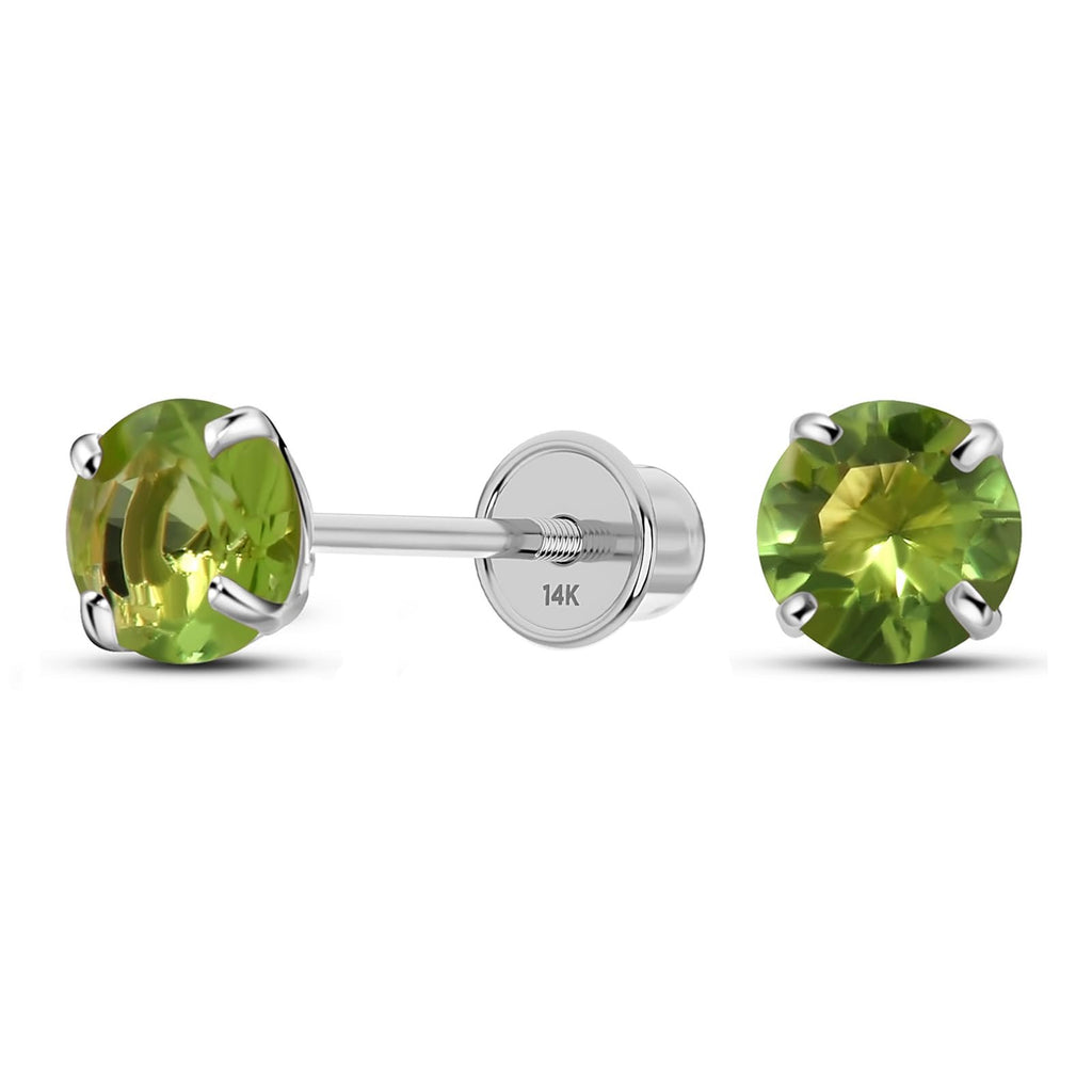 Solid 14K White Gold Round Solitaire Simulated-Peridot-Birthstone Minimalist Stud Earring with Comfort Screw Backing