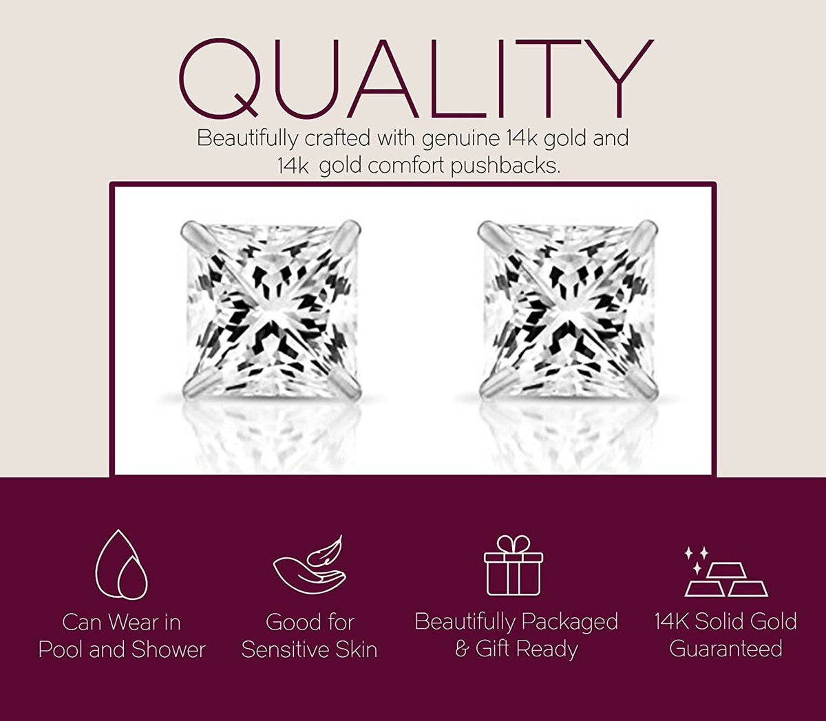 Solid 14k White Gold Solitaire Square Princess-cut CZ Stud Earrings with Secure Screw-backs