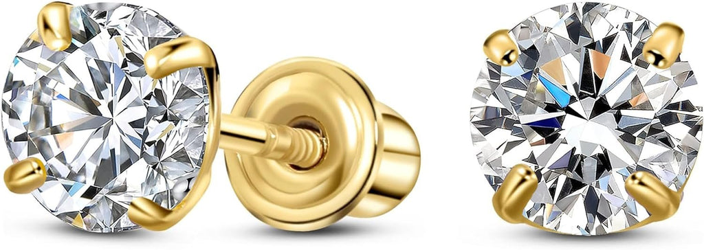 14K Yellow Gold Solitaire April Simulated Clear CZ Stud Earring, Screw Back