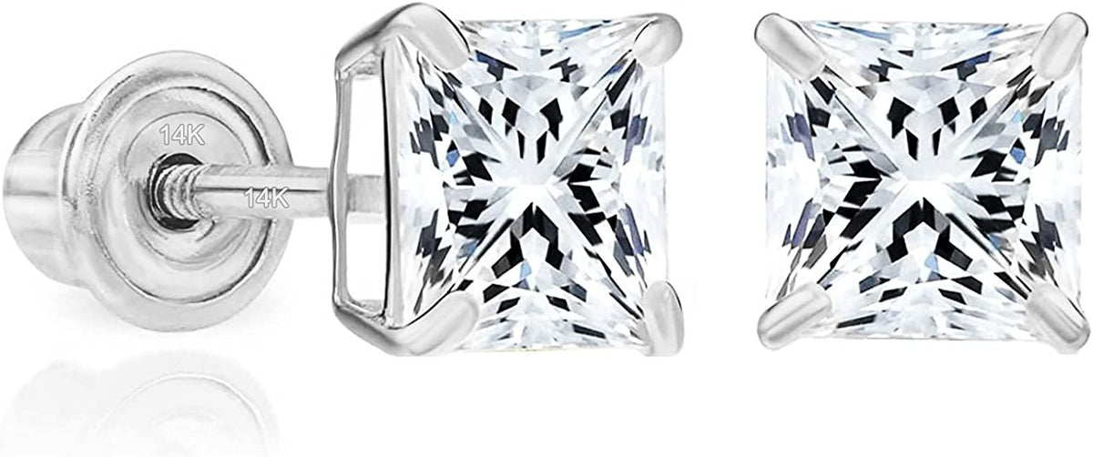 Solid 14k White Gold Solitaire Square Princess-cut CZ Stud Earrings with Secure Screw-backs