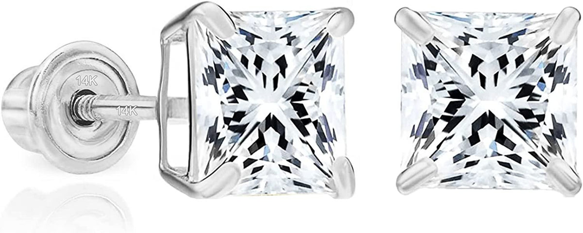 Solid 14k White Gold Solitaire Square Princess-cut CZ Stud Earrings with Secure Screw-backs