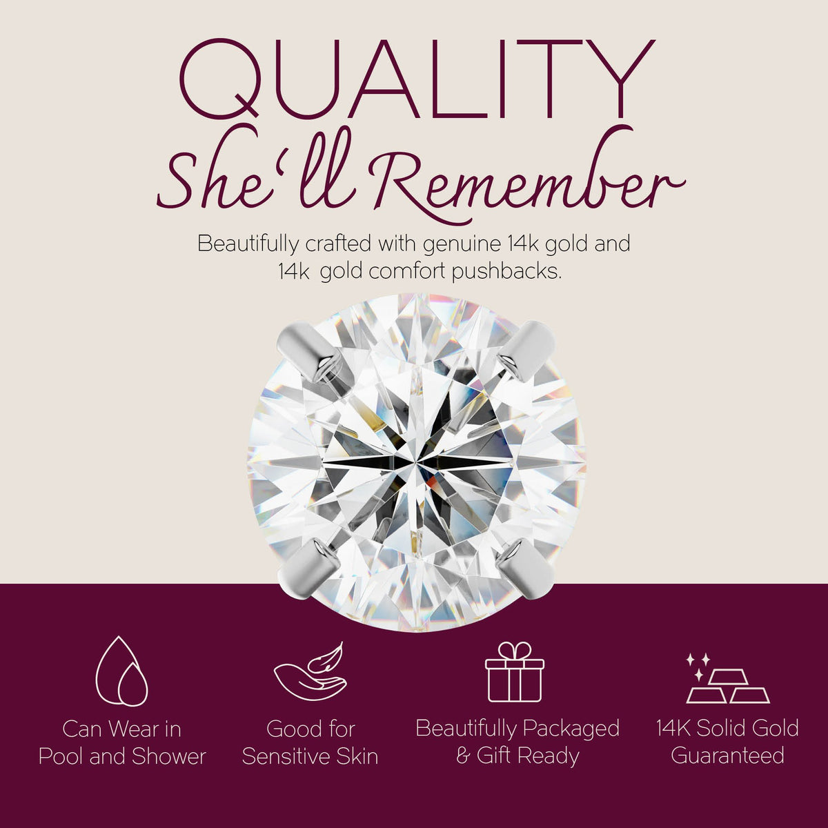 Solid 14K White Gold Round Solitaire Simulated-Clear CZ-Birthstone Minimalist Stud Earring with Comfort Screw Backing
