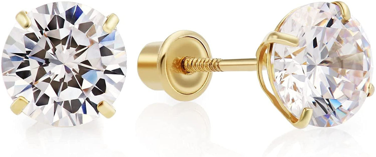 14k Yellow Gold Cubic Zirconia Stud Earrings with Screw Backs