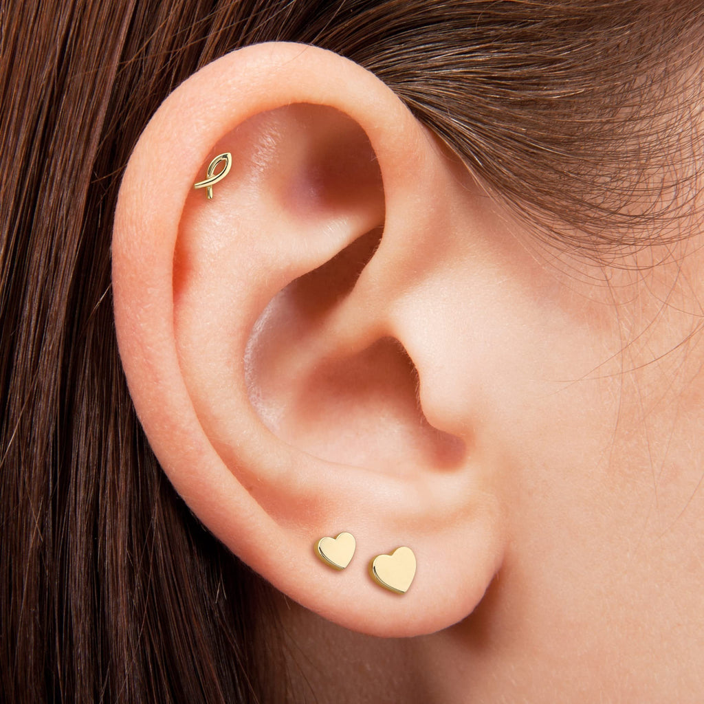 Solid 14k Gold Tiny Minimalist Fish Stud Earring for Multiple