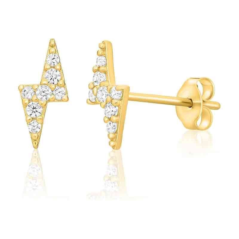 14K Solid Gold Lightning Bolt Stud Earrings Cubic Zirconia CZ Stones