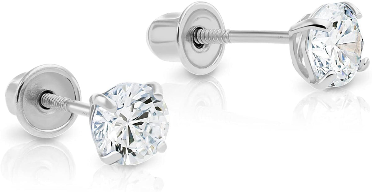 14k White Gold Cubic Zirconia Stud Earrings with Screw Backs