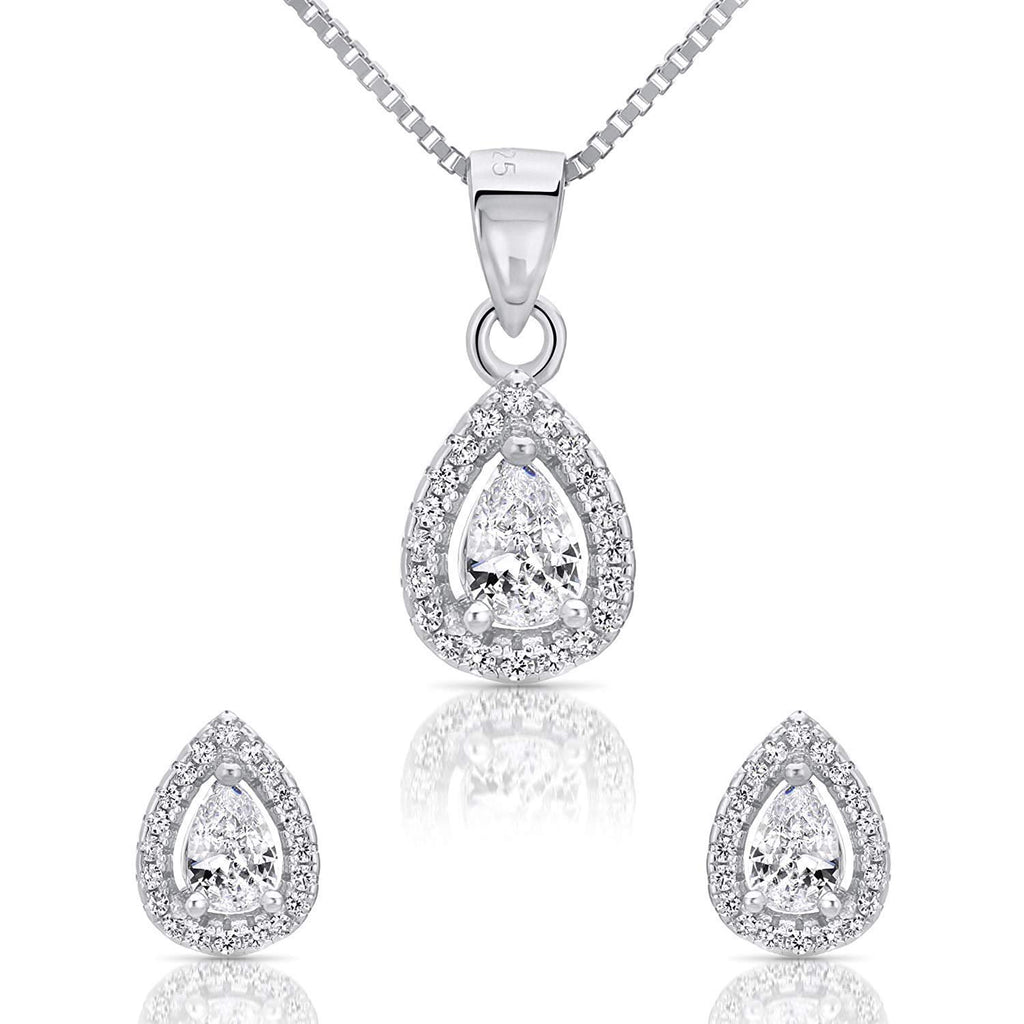 Sterling Silver Cubic Zirconia Small Pear-Shaped Teardrop Halo Pendant Necklace and Stud Earring Set