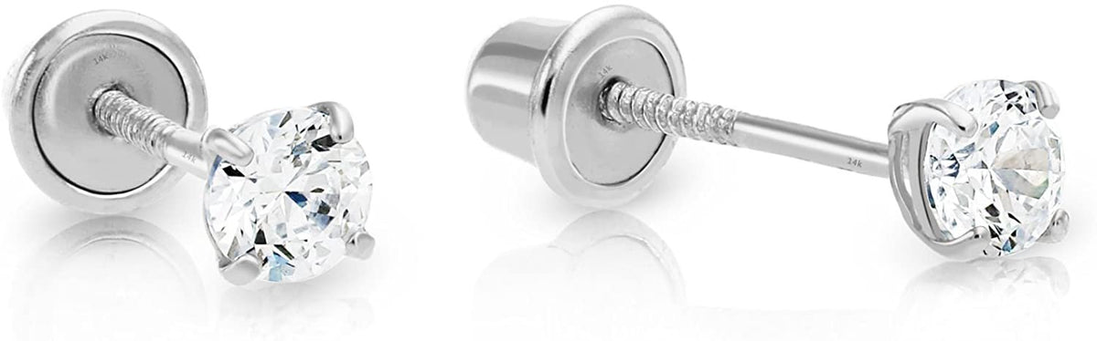 14k White Gold Cubic Zirconia Stud Earrings with Screw Backs