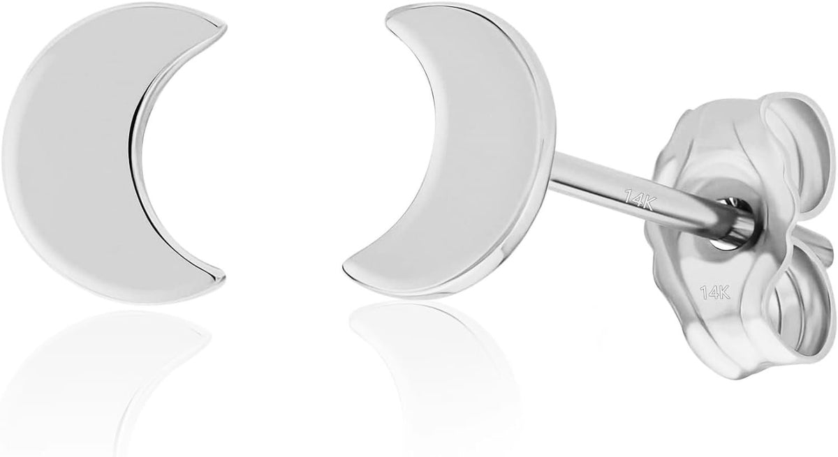 14K Yellow Gold Dainty Small Mini Moon Stud Earrings Minimalist, Delicate Jewelry