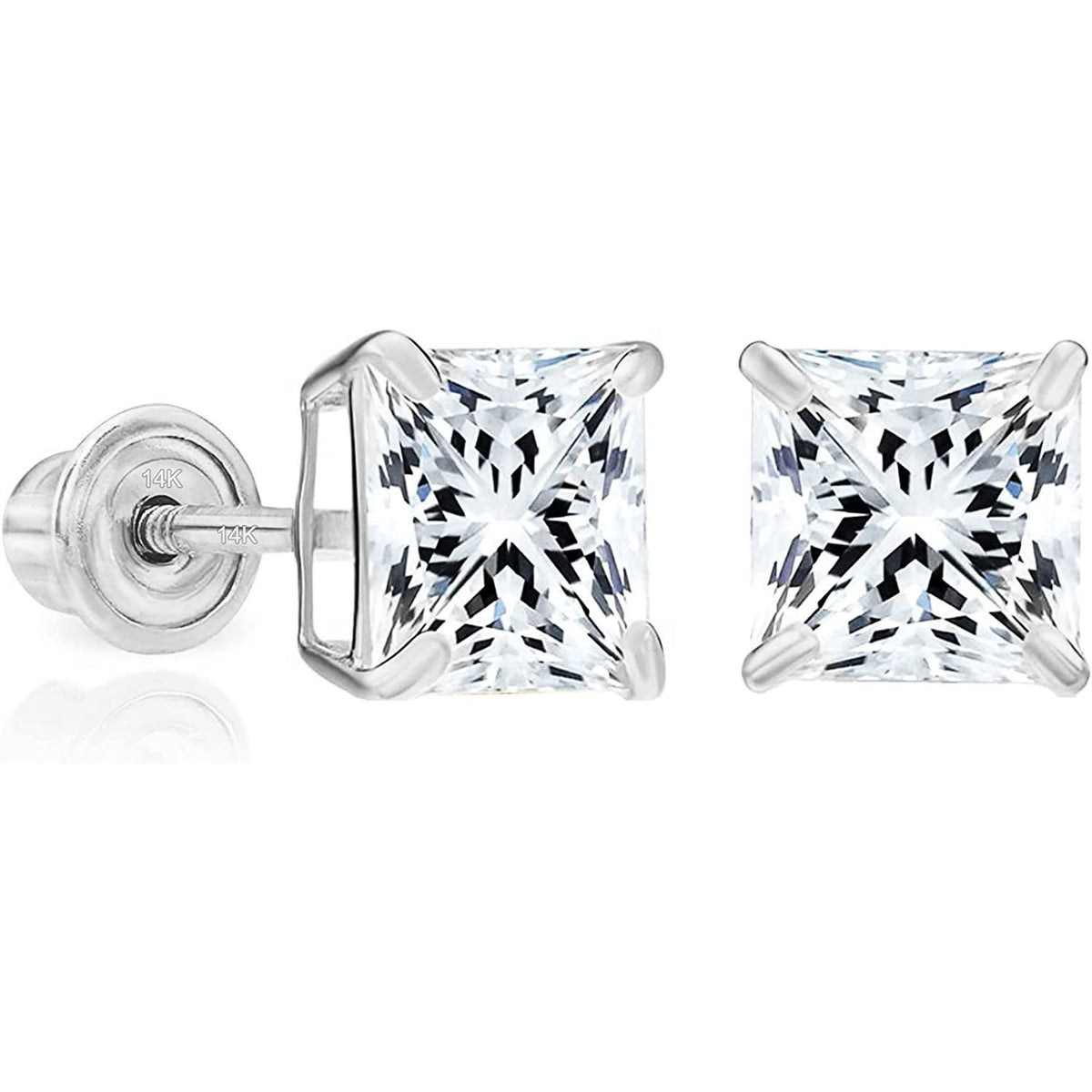 Solid 14k White Gold Solitaire Square Princess-cut CZ Stud Earrings with Secure Screw-backs