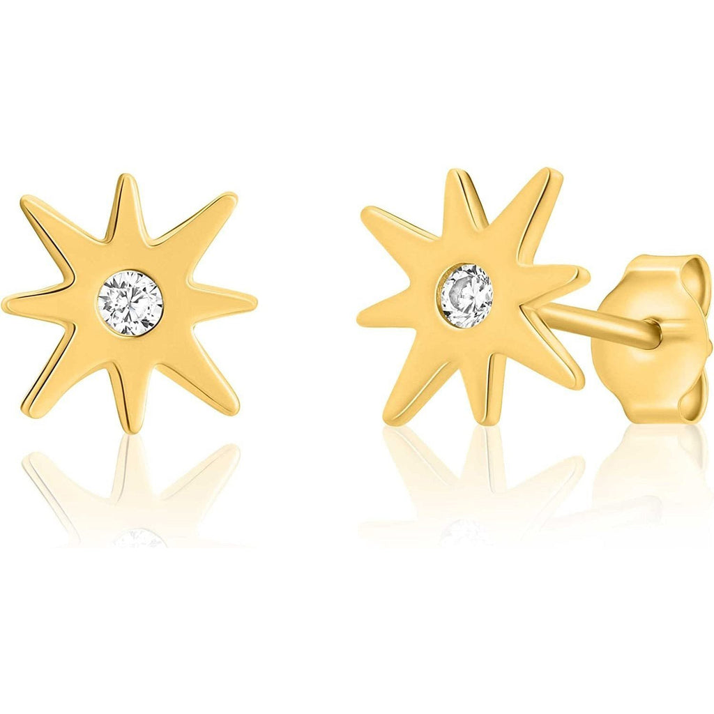14K Yellow Gold North Star Studs with Cubic Zirconia Starburst Earrings