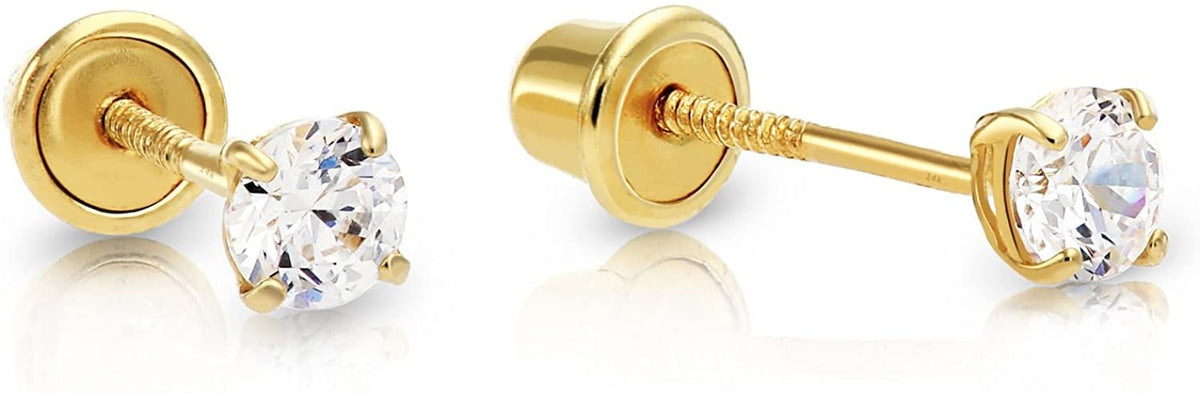 14k Yellow Gold Cubic Zirconia Stud Earrings with Screw Backs