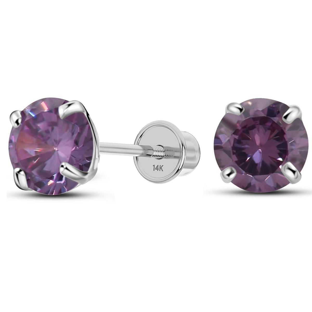 Solid 14K White Gold Round Solitaire Simulated-Amethyst-Birthstone Minimalist Stud Earring with Comfort Screw Backing