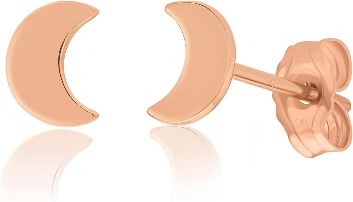 14K Yellow Gold Dainty Small Mini Moon Stud Earrings Minimalist, Delicate Jewelry