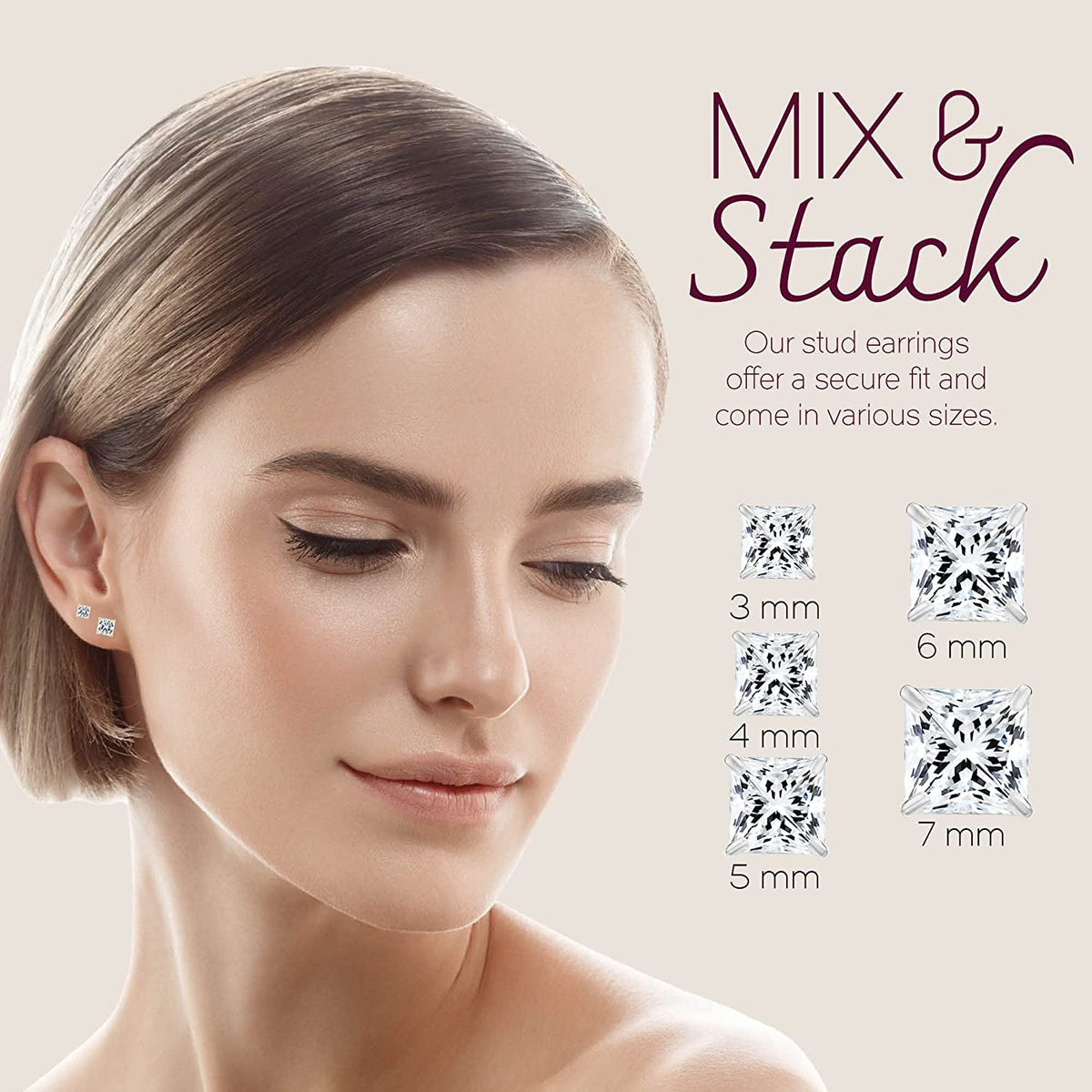 Solid 14k White Gold Solitaire Square Princess-cut CZ Stud Earrings with Secure Screw-backs