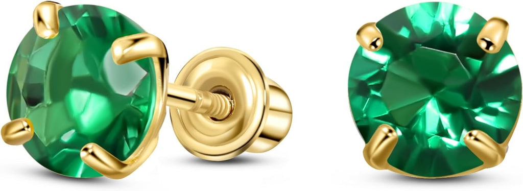 14K Yellow Gold Solitaire May Simulated Emerald Stud Earring, Screw Back Stud