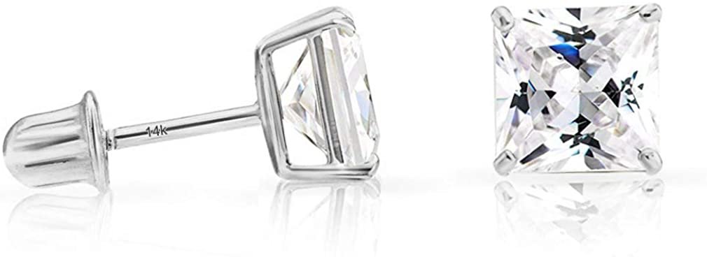 Solid 14k White Gold Solitaire Square Princess-cut CZ Stud Earrings with Secure Screw-backs