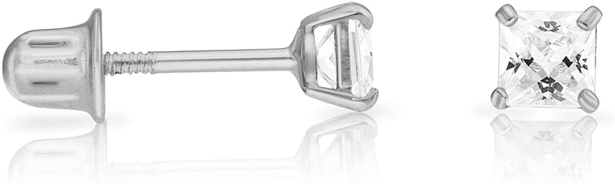 Solid 14k White Gold Solitaire Square Princess-cut CZ Stud Earrings with Secure Screw-backs
