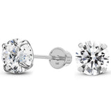 Solid 14K White Gold Round Solitaire Simulated-Clear CZ-Birthstone Minimalist Stud Earring with Comfort Screw Backing