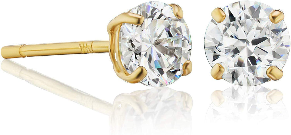 14k Solid Gold Solitaire Round Stud Earrings Made with Genuine Swarovski Zirconia