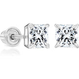 Solid 14k White Gold Solitaire Square Princess-cut CZ Stud Earrings with Secure Screw-backs